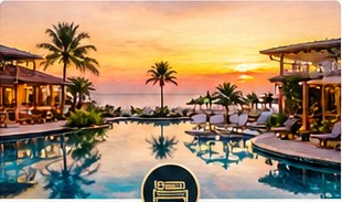 Hotel tropical com piscina ao pôr do sol